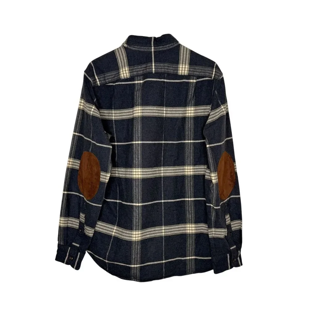 J. Crew Men’s Cotton Leather Flannel Plaid Shirt Size M Elbow Patches Blue
